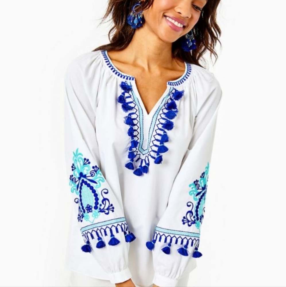 Lilly Pulitzer Kaydance Tunic Top Size XL White Blue